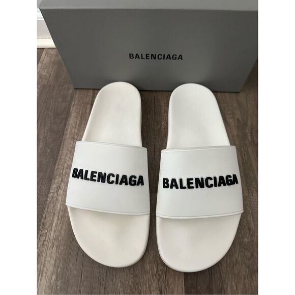 BALENCIAGA MEN'S POOL SLIDE SANDAL IN WHITE BLACK - Picture 6 of 14